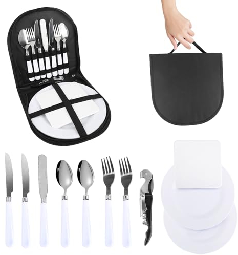 RUCUDIM Juego de Cubiertos Portátiles para Camping - 11 Piezas de Vajilla de Acero Inoxidable para Exteriores, Picnic, Viajes y Senderismo - Set para 2 Personas
