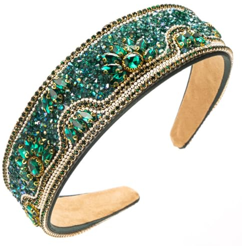 scicent Haarband Mädchen Strass-Stirnbänder Glitzernd Mit Perlen Kristall-Glitzer Haarreif Pailletten Verziert Modisch Haarbänder Breiter Karneval Haarschmuck Frauen (Dunkelgrün) - 25524