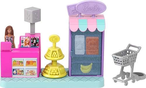Barbie Mini BarbieLand - Supermercato, set con mini bambola e accessori inclusi, scaffali per prodotti, bancone per la cassa e carrello della spesa, giocattolo per bambini, 4+ anni, JCR32
