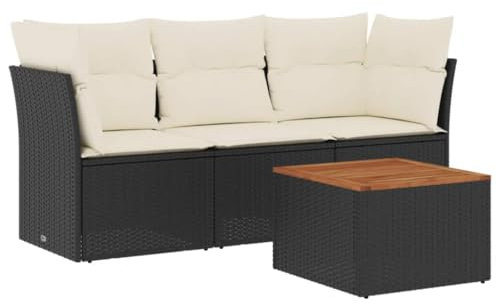 vidaXL Garten Sofa Garnitur 4-TLG., Gartenmöbel Set mit Kissen, Sitzgruppe für Garten Terrasse, Modular Gartensofa Lounge Tisch, Schwarz Poly Rattan