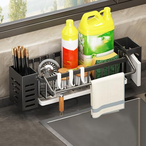 SLTAXAR Organizador de Fregadero Cocina, Soporte Estropajo Fregadero Negro, Soporte para Esponja de Cocina de Hierro con Bandeja de Desagüe, Organizador de Fregadero para Estropajo para Cocina Baño
