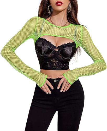 Avidlove Mesh Top Women's Festival Long-Sleeved Shirt Outfit Rave Crop Tops Sexy T-Shirt Clubwear Party Casual Oktoberfest Mesh Top neon Green L