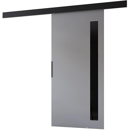 MINIO go for it - Schiebetür PRIM G, Tür 76 cm, Zimmertür, Schiebetürsystem, Lacobel, Wandmontage, Türe Innen, Schwarzer Griff, Farbe: Grau/Schwarz