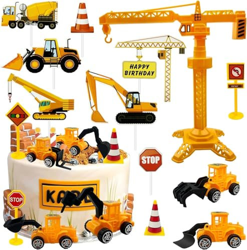 Morofme 21pcs Construction Cake Toppers Vehicles Cake Decorations Truck Excavator Tower Crane Cupcake Topper Bulldozer Backhoe Traffic Road Sign Cake Decor Construction Theme Birthday Party Supplies