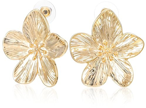 Blumen Ohrringe Gold mit Anhänger - Vergoldete Dicke Boho Statement Ohrringe für Damen und Frauen - Hängend, Weihnachtsohrringe