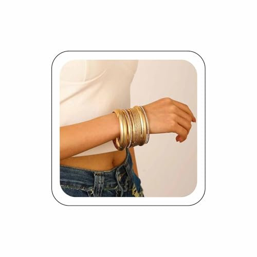 Wendalern Gold-Armreifen-Armband-Set Für Frauen Multi Stapeln Breite Armreifen Indischen Bollywood Strass Dünnen Armreif Tennis Armbänder Ethnischen Texturiert Twist Armbänder Hochzeit Outfit Schmuck