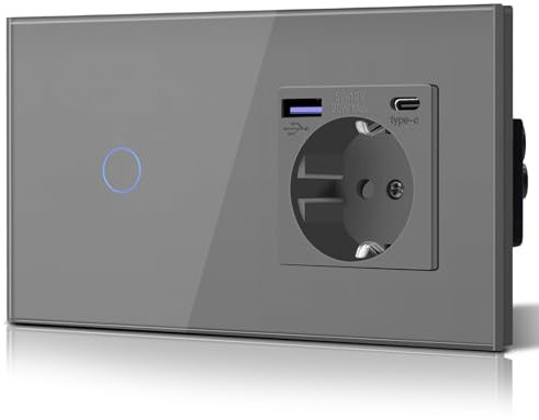 BSEED Lichtschalter mit Steckdose 20W USB C, Schnellladegerät Wandsteckdose aus Glas, 1 Fach 1 Weg Touch Schalter, Einfache Installation, 240V 16A, 157mm Grau