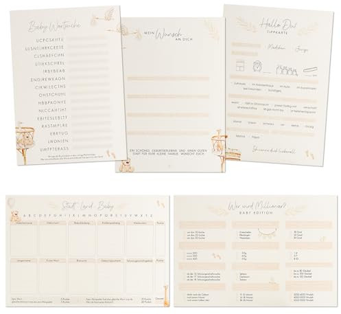 Babyparty Spiele 5 Spiele mit insgesamt 36 Karten Babyparty Karten zum Ausfüllen Baby Shower Spiele Stadt Land Baby (Beidseitig Bedruckt) Babyparty Spiele Set für Junge und Mädchen