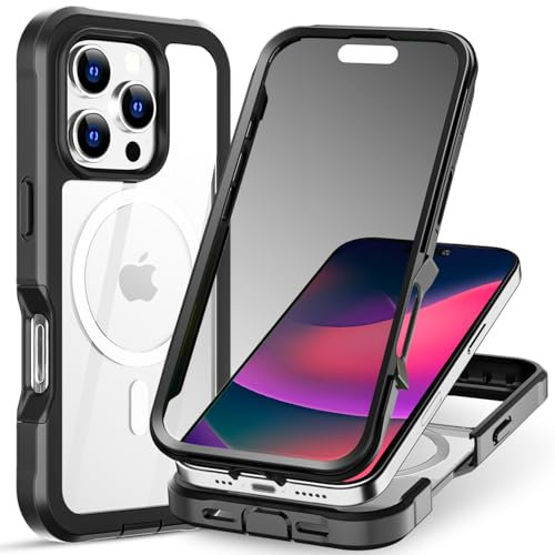 AICase für iPhone 16 Pro Max Hülle,Kompatibel mit MagSafe,360 Grad Schutzhülle Stoßfest Militärnorm Magnetische Handyhülle mit Kameraschutz, Klares Schwarz
