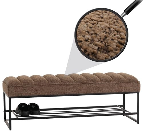 Mendler Sitzbank HWC-N68 mit Schuhablage, Bank Polsterbank Garderobenbank Schuhregal, Stoff Chenille Metall 130cm - Coffee