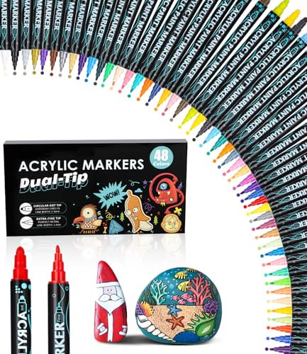 Acrylstifte für Steine Wasserfest,acrylfarben stifte,48 Stifte Dual Tip Acrylfarben Stifte Steine Bemalen Set,acrylfarben für Steine Holz,Glas,Leinwand,Stein,Stoff,DIY Fotoalben,Keramik