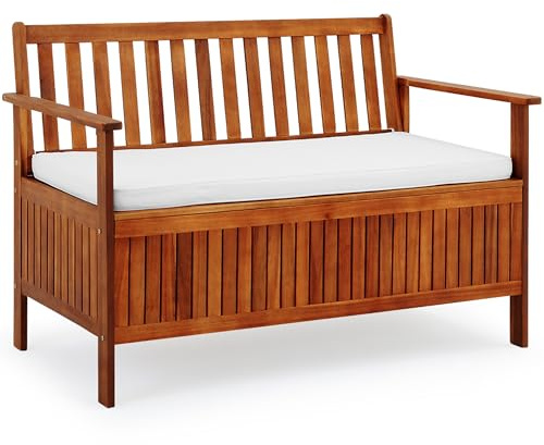 CASARIA® Garden Bench With Storage Box Acacia Wood 120x84cm Seat & Cushions | 320kg Capacity Weatherproof Acacia Wood Storage Compartment Removable Seat Cushion Cover Patio Balcony Outdoor Furniture
