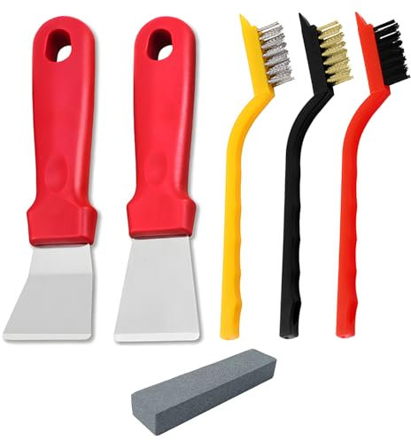 JXPXJMY 5 Pezzi Set di Strumenti per la Pulizia, Inclusi 2 Raschietti e 3 Spazzole, Raschietto Multifunzionale in Acciaio Inox con Pietra Affilata per Pentole Forno e Scarico a Pavimento (Rosso)