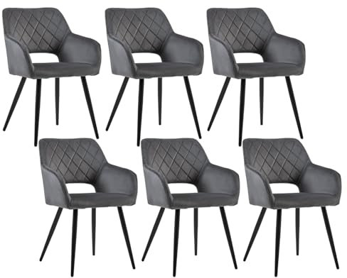 CLIPOP Esszimmerstühle, 6er Set, Polsterstühle mit Armlehnen, Metallbeine, Samtbezug, Samt Dunkelgrau, bis 150 kg belastbar, für Arbeitszimmer, Wohnzimmer, Schlafzimmer (6er, Samt Dunkelgrau)