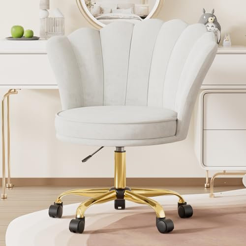 Aivermeil Schminkstuhl•Samt Stuhl•Homeoffice, 360° Swivel Height-Adjustable Bürostuhl mit Blütenblatt-Rückenlehne Drehstuhl mit Gold Metallbeinen Bis 120 KG Beige