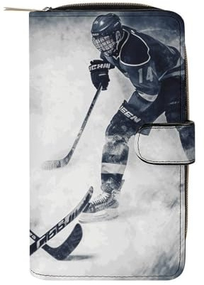 GHBNK Damen Leder Geldbörse Lange Geldbörse für Männer Coole Adler Wristlet Wallets mit 12 Kartenhalter Große Kapazität Münzfach, Eishockey-Kunst, 19.7x11x3.5cm