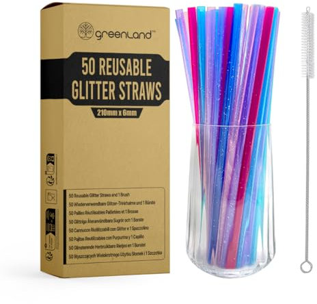 Greenland Lot de 50 pailles réutilisables à paillettes avec brosse – 21 cm de long, 6 mm de large – Parfait pour les cocktails, le lait, le jus, le thé