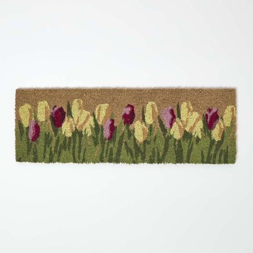 Homescapes rutschfeste Fußmatte Tulpen, Kokosmatte 25x75 cm, schmale Fussmatte Kokosfaser mit Anti-Rutsch-Beschichtung, Türmatte Blumen bunt