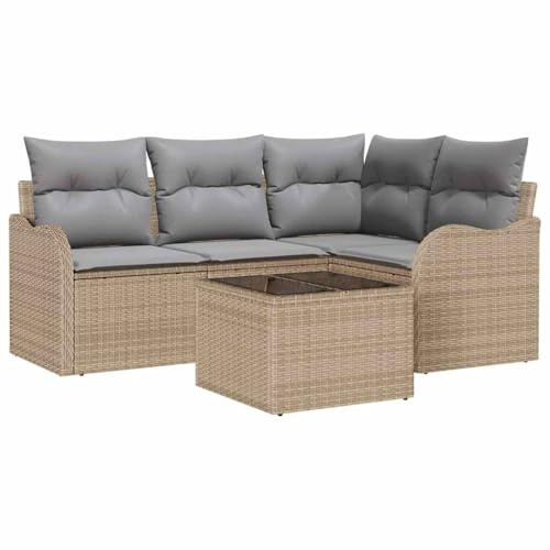vidaXL Garten-Sofa-Set mit Kissen 5 pcs Beige Poly Rattan, Garten-Sofa-Set, Modern für draußen, Verstellbare Füße, 4-Sitzer, Wetterfestes Möbel, Modulares Lounge, Terrassensitz