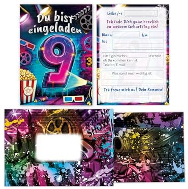 Limonia 12 Einladungskarten inkl. 12 Umschläge zum 9. Geburtstag Kindergeburtstag Kino Cinema Graffiti Street Art Einladung Set Mädchen Kinder Jungs Jungen Boys Teenies Jugendliche Modern