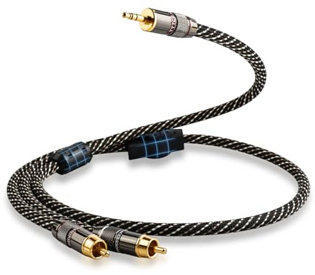 YYTCG Audiophile HiFi RCA to 3.5mm Audio Cable 3.28ft | 4N OFC Core, 24K Gold-Plated Plugs, Nylon Braid, Ferrite Cores, Double Shielded Rca to Aux for Speaker,Amplifier,Home Stereo