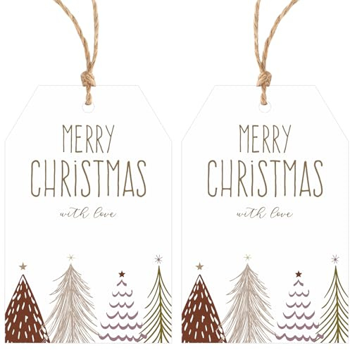 G2PLUS Weiß Merry Christmas Geschenkanhänger, 8.5 x 5.5 cm, 50 Stück | Geschenkverpackung Anhänger mit Braun Weihnachtsbaum, Weihnachten Papier Etiketten für Geschenke und Adventkalender Deko