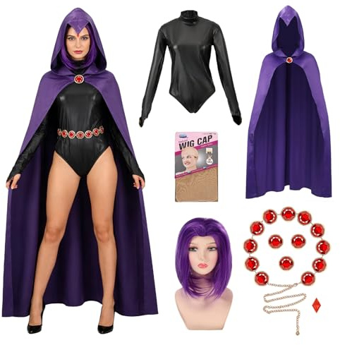 AENEY 5Pcs Purple Teen Cosplay Sexy Anime Cape Costume | 5PCS Set, Hooded, Cape, Gloves, Wig, for Women, Professional Cosplay Design