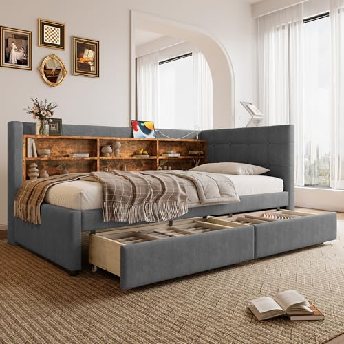 Kebnor Daybett,90 * 200cm(180 x 200 cm),Schlafsofa,multifunktionales Ausziehbett-Design,USB+TypC,mehrere Ablageflächen, Bett mit Lattenrost(ohne Matratze), Leinen (Grau mit 2 Schubladen)
