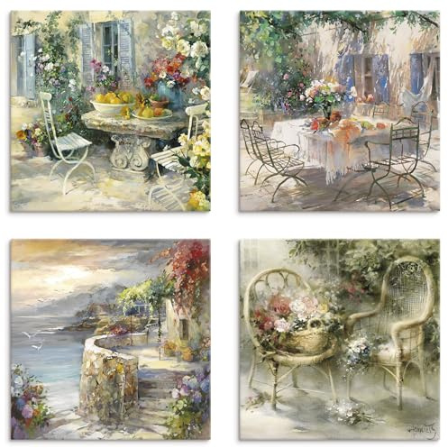 ARTLAND Wanddeko Leinwand Bilder Set 4tlg. je 40x40 cm Vintage Boho deko romantische Blumen Sommer Garten U4VE