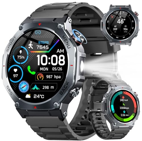 Smartwatch Herren GPS, 1,43AMOLED Militär Fitnessuhr mit Bluetooth Anrufe, Kompass 160+ Sportmodi, 5ATM Wasserdicht, 24/7 Herzfrequenz, Schlafmonitor, Schrittzähler, Sportuhr Outdoor Android für iOS