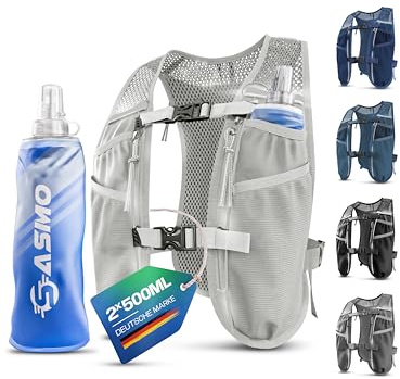 SASMO® Laufweste Damen & Herren 5L | Running Vest - Ultraleicht 270g & atmungsaktiv| Laufrucksack Damen - 8 Taschen | Laufweste Herren | Trinkweste Laufen (weißgrau - mit 2x500ml, 5L)