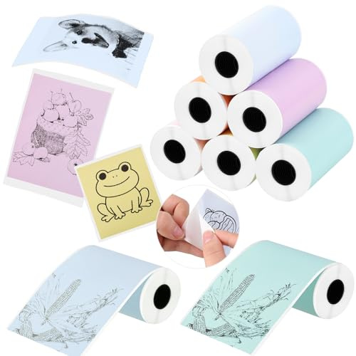 6 Rollen Thermopapier Selbstklebend, 53 x 28mm Drucker Papier Rollen | Fotodruckerpapier Bedruckbarer Aufkleber für Fotos Notizen DIY-Kreationen (6 Farben)
