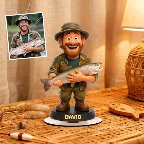 Geschenke für Angler Personalisierte Figuren Angeln Plaque mit Foto Bilderrahmen aus Holz Schreibtischdekorationen für Papa Männer Angeln Fans Geschenk Personalisiert für Geburtstag Weihnachten