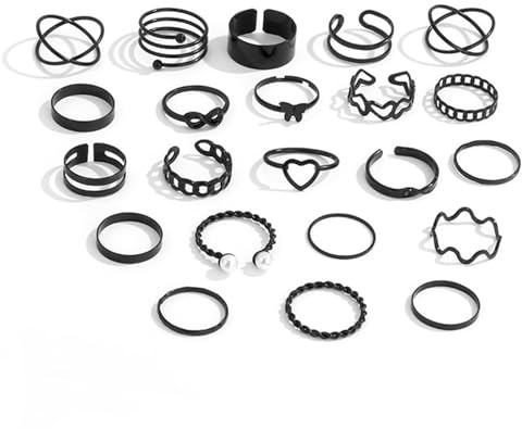 AMBEERT 23-Piece Black Ring, Black Ring Men, Goth Rings, Stacking Rings for Alternative Fashion, Stylish Jewellery for Men and Women, Suitable for Birthdays, Holidays, Or Any Occasion