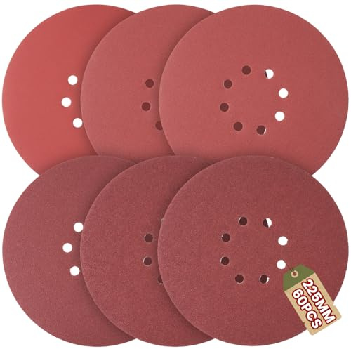 60 Stück Schleifpapier 225mm Klett, 8 Loch rund Schleifscheibe 225mm Schleifscheiben für Trockenbauschleifer Schleifgiraffe Langhalsschleifer Schleifen Giraffe Körnung 10X P40/60/80/120/240/320