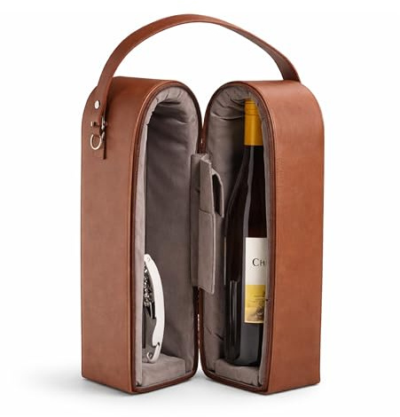 Bey-Berk Vino Leather Double Wine Caddy Brown Two-Bottle Holder with Corkscrew Bar Tool Opener and Foil Cutter