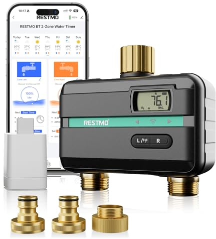 RESTMO Computer di irrigazione a 2 zona Chip Bluetooth + Wi-Fi integrato | Controllo app, Automatico/Manuale/Ritardo Pioggia, Timer per Tubo da Giardino