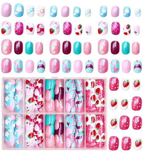 120 Stück Süße Kunstnägel zum Aufkleben, Komplettes Nagelstudio Kinder Mädchen, ABS Nägel zum Aufkleben Set mit Geli-Folien für Parties und Spieltage, Künstliche Fingernägel Geschenk für Mädchen