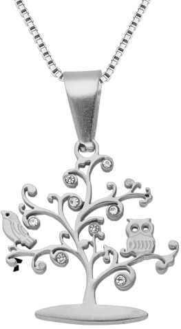 Löb 750er (18 Karat) Weißgold vergoldet Edelstahl Halskette Eule Baum Vogel Zirkonia Anhänger Silber Weiß, Damen Kette Schmuck