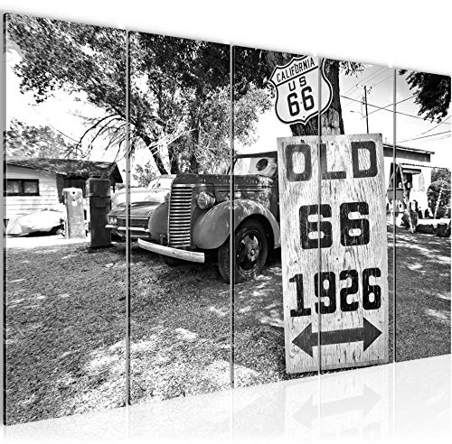 Runa Art Wandbild XXL Auto Route 66 Wohnzimmer 200 x 80 cm Schwarz Weiss 5 Teilig - Made in Germany - 609855c
