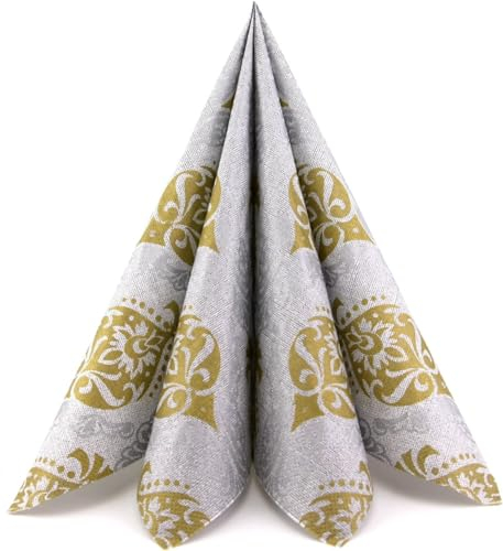 100 Stück Papierservietten SILBER/GOLD große Dinner Servietten 40 x 40 cm Tissue Papier 3-lagig Tischdeko Weihnachten Advent Hochzeit Dekoration