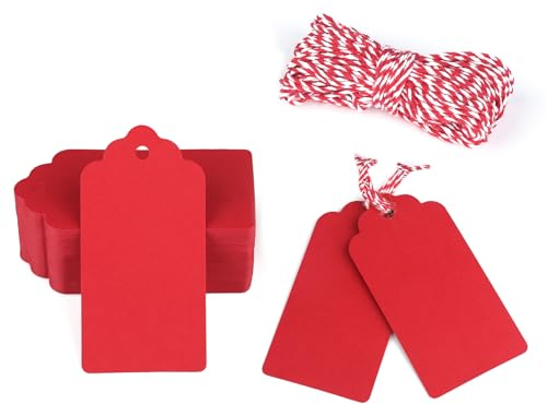 jijAcraft 100 Stück Geschenkanhänger, Groß Kraftpapier Anhänger Etiketten 5 x 10 CM, Anhängeetiketten mit Juteschnur, für Geschenkverpackung, Hochzeit, Lesezeichen, Weihnachten (Rot)