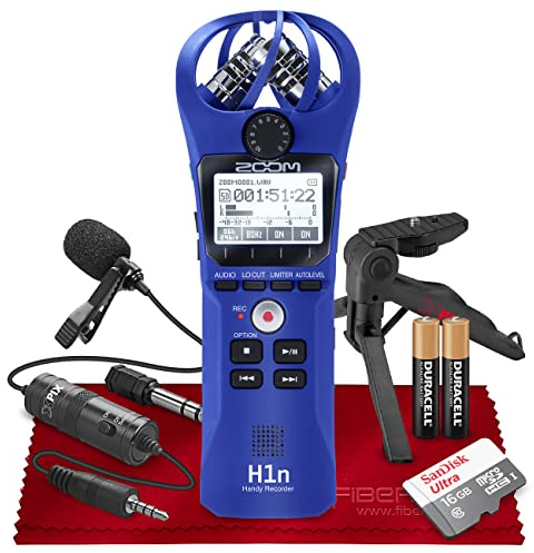 Zoom H1n Grabadora portátil de 2 entradas y 2 pistas con micrófono XY incorporado (azul) + micrófono Lavalier profesional Xpix, tarjeta de memoria micro de 16 GB, trípode Xpix, pilas AAA y