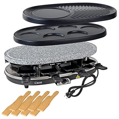 DEMA Raclette Grill Tessin 3in1 - Garen, Crepes Maker, Heißer Stein, für mehrere Personen, 1500 W - vielseitig, leistungsstark, langlebig - Raclette, Grillen, Frühstück, Party, Küche