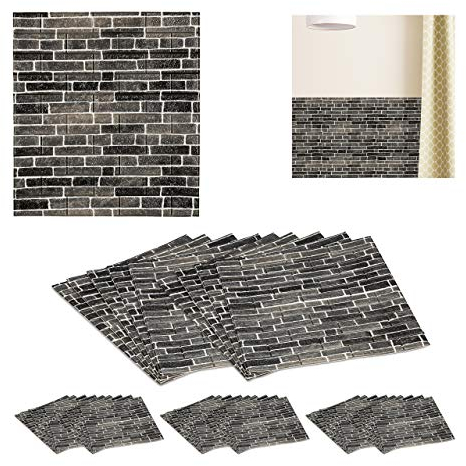 40 x Wandpaneele, selbstklebend, zuschneidbar, 3D Paneele, Wandverkleidung Steinoptik, 77x70 cm, Steinpaneele, anthrazit