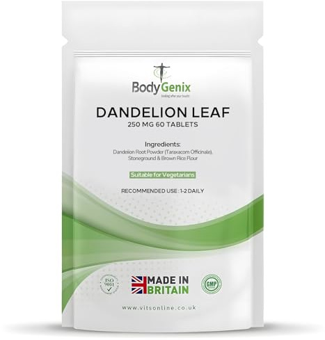 Bodygenix Dandelion Leaf 250 mg Tablets – with high Anti-oxidant and Anti-inflammatory Properties – with Anti-Aging Properties – Weight Loss– Digestive Health (60 Tabs)