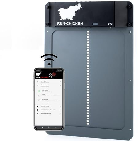 RUN-CHICKEN Porte Automatique poulailler (Gris), avec Batterie, Détection de la lumière, Programmable avec minuterie, Aluminium Porte poulailler Automatique, Trappe poulailler, Modèle T50