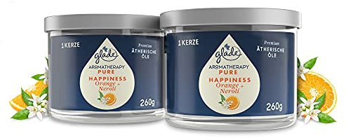 Glade Aromatherapy Essential Oils Duftkerze 2er Pack, Pure Happiness, Glade Duftkerze mit ätherischen Ölen, Orange + Neroli, (2x260g)