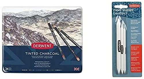 Derwent Tinted Charcoal Drawing Pencils,Drawing & Writing, Set Of 24, Watersoluble, Ideal For Blending & Smudging, 2301691 & Paper Stump For Blending & Smudging, Set Of 3, 2300561