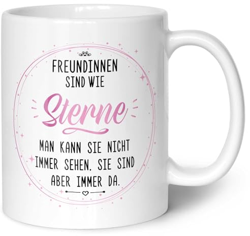 GRAVURZEILE Bedruckte Tasse mit Spruch - Freundinnen sind wie Sterne - Geschenk für Freundinnen - Geschenke für die beste Freundin zum Geburtstag oder zu Weihnachten - Farbe: Weiß